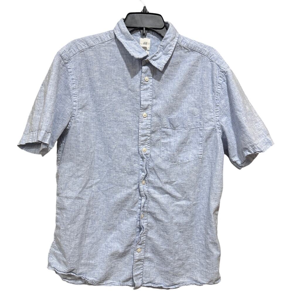 HM Shirt Men Size L Blue Linen Cotton Minimalist Short Sleeves Preppy Button Up